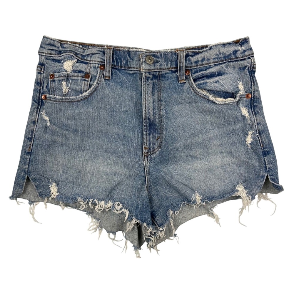 Abercrombie & Fitch The Mom Short High Rise Distressed Denim Short Light Wash 30